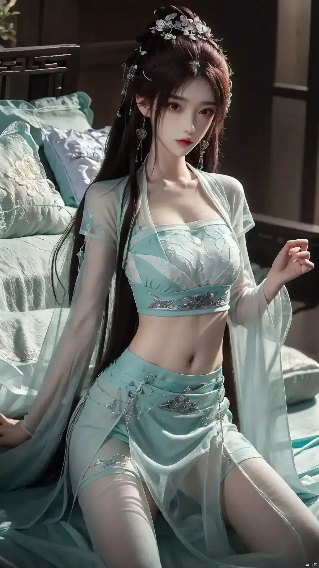 床上穿着蓝色连衣裙的女人的特写
