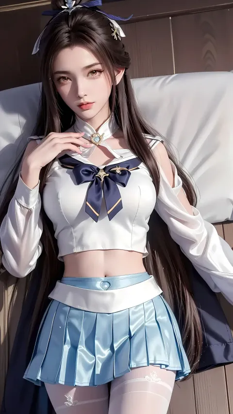 身穿白衬衫和蓝色裙子的阿拉夫女人摆姿势拍照