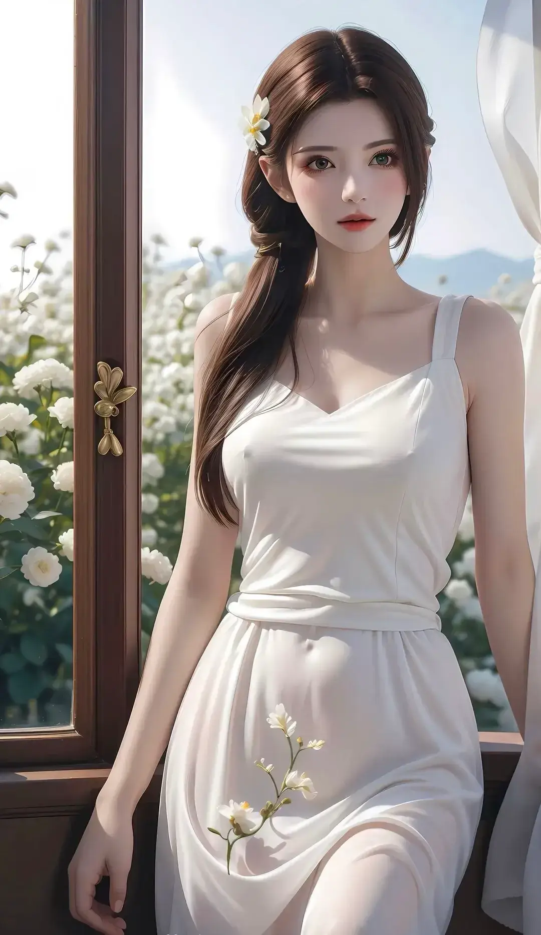 坐在窗台上的身穿白色连衣裙的阿拉夫德女人
