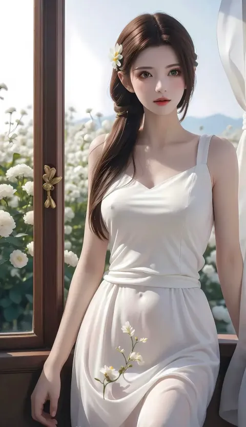 坐在窗台上的身穿白色连衣裙的阿拉夫德女人