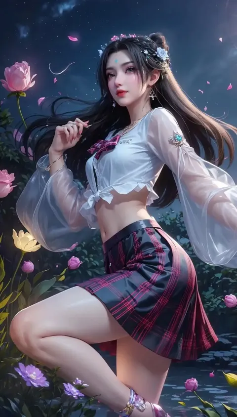 动漫女孩穿着裙子和上衣在花田里摆姿势