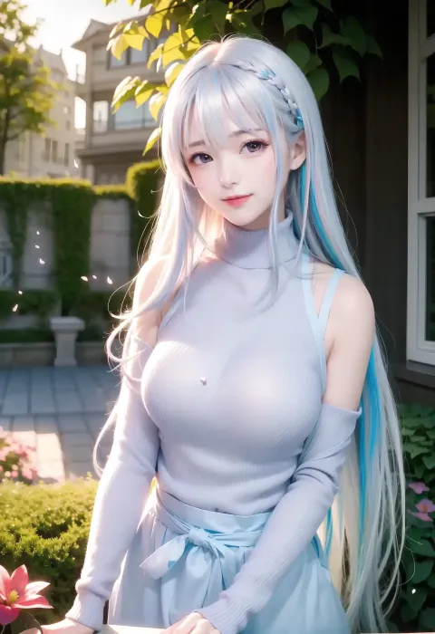 蓝色长发和蓝色连衣裙的阿拉夫摆姿势拍照
