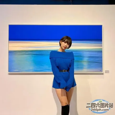阿拉菲在一幅海滩风景画前摆姿势