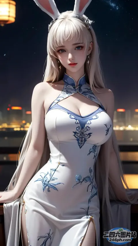 一个穿着兔子服装的女人摆姿势拍照的特写