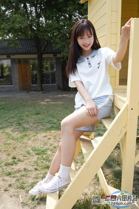 坐在黄色木梯上的亚洲女孩