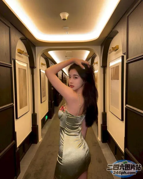 走廊上站着一个穿着银色连衣裙的女人