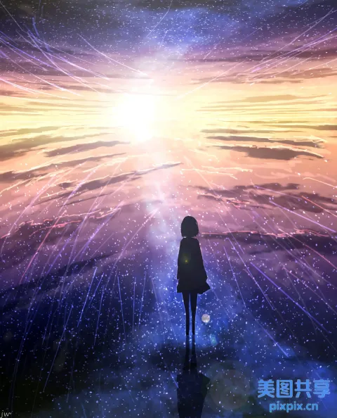 动漫女孩看着天上的星星