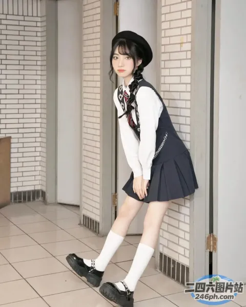 有个身穿校服的女人摆姿势拍照