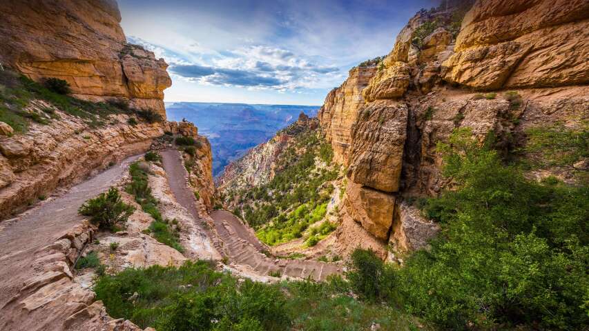 峡谷的 arafed 景观，有一条小路穿过它
