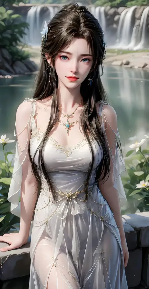 瀑布附近穿着裙子的女人的特写