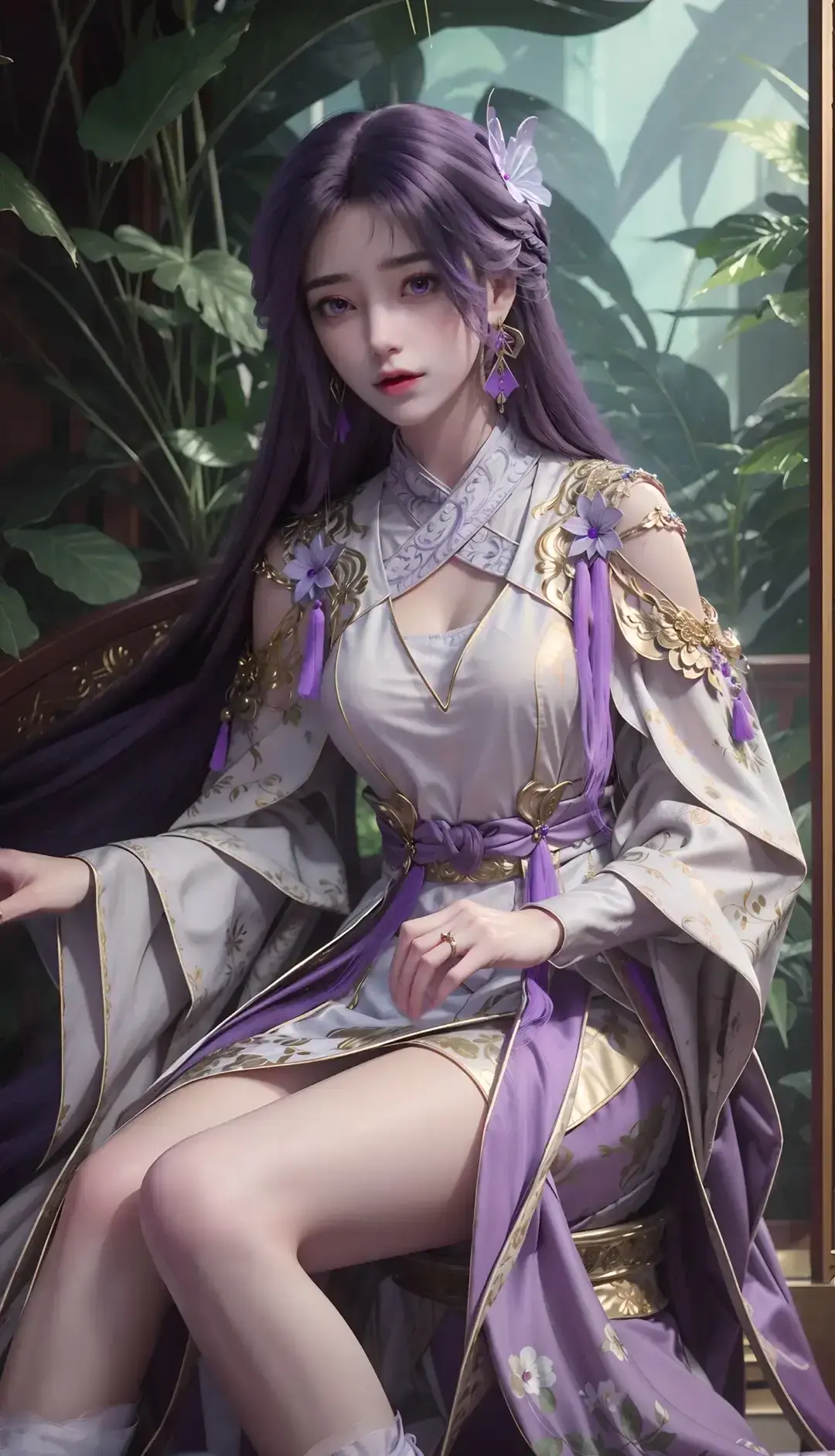 一个穿着紫色连衣裙的女人坐在长凳上的特写