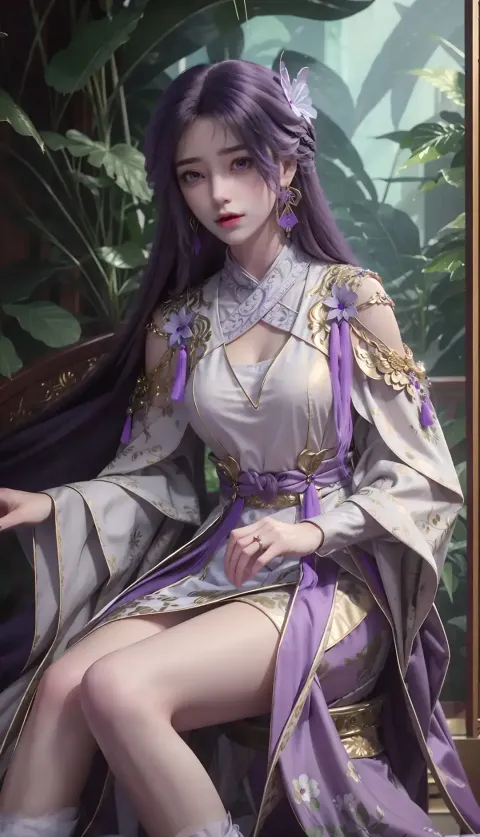 一个穿着紫色连衣裙的女人坐在长凳上的特写