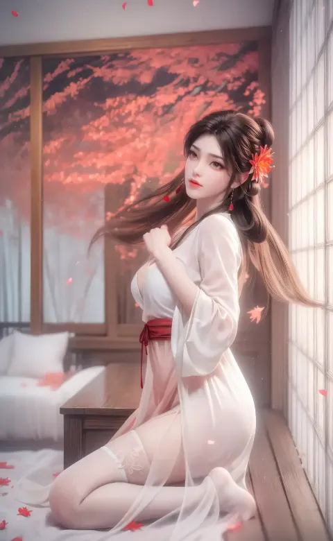 坐在床上的身穿白色连衣裙的阿拉夫女人