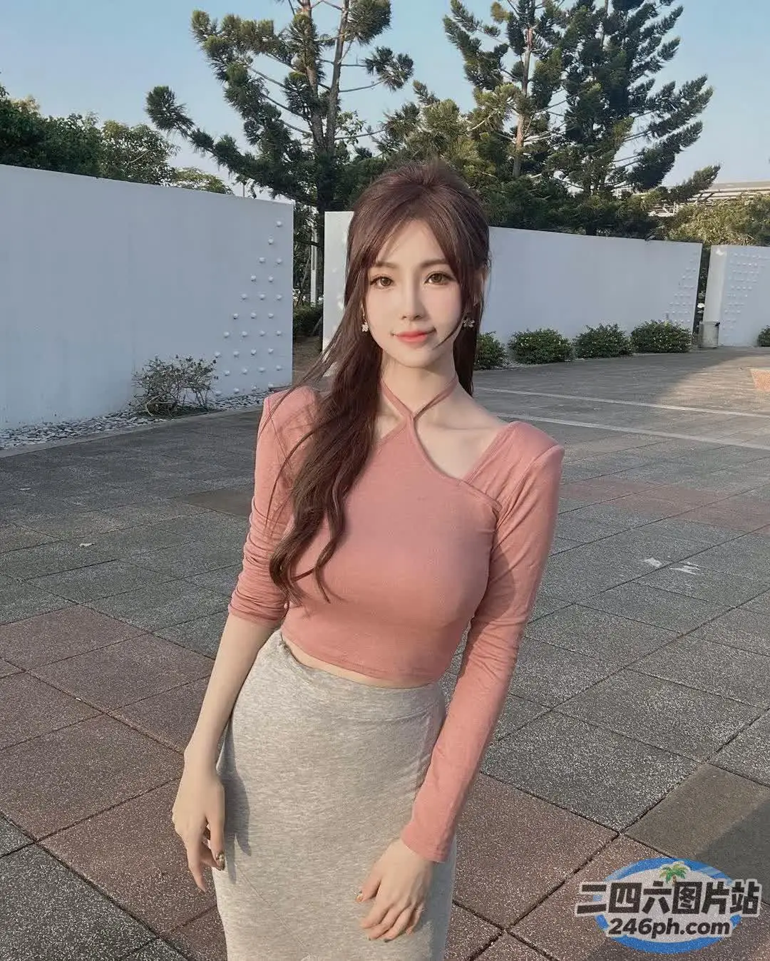 身穿粉色上衣和灰色裙子的 araffe 女子合影留念