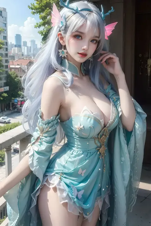 一个穿着戏服的女人在阳台上摆姿势的特写