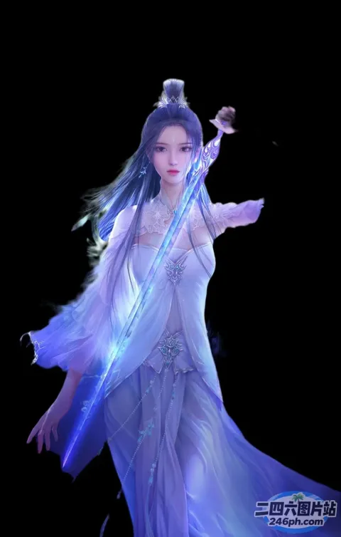 一个身穿白色连衣裙的女人拿着剑的特写