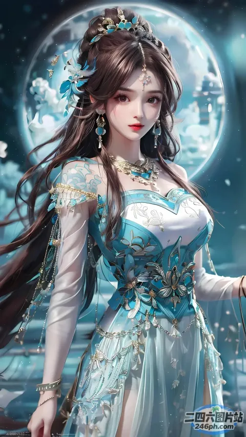 一个身穿蓝色连衣裙的女人在满月前举着灯笼