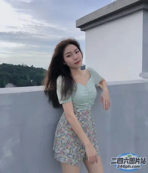 阿拉夫德女人靠在墙上，穿着绿色上衣和碎花裙子