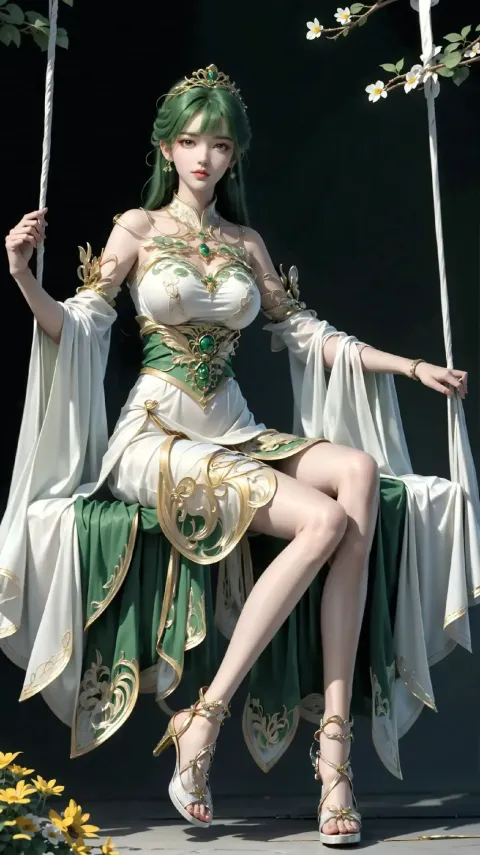 身穿绿白连衣裙的阿拉夫女人坐在秋千上