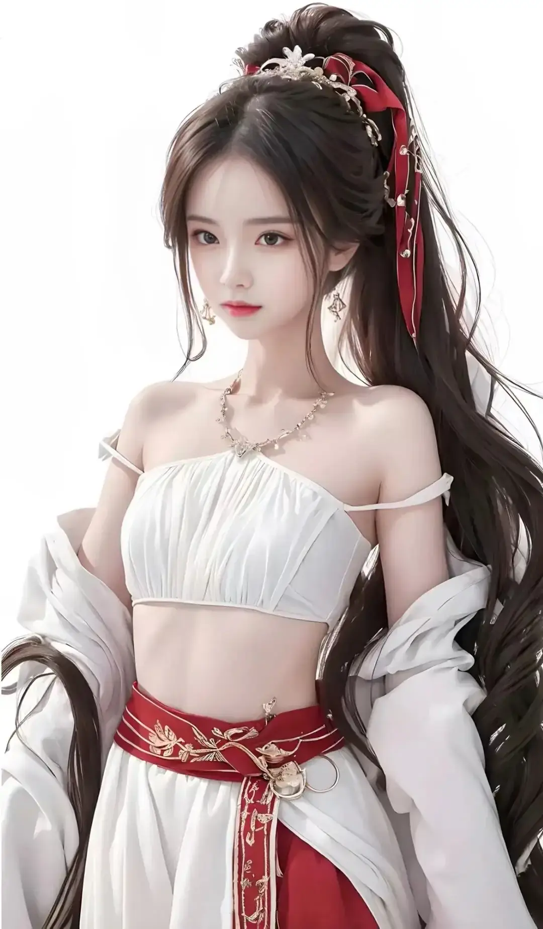 一个穿着白色连衣裙、留着长发的女人的特写