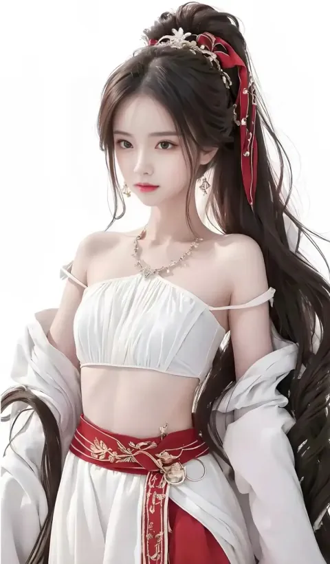 一个穿着白色连衣裙、留着长发的女人的特写