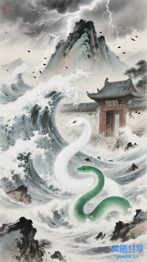 画海浪中间的蛇，背景是一座山
