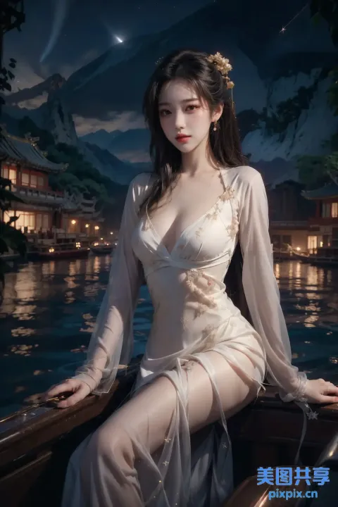身穿白裙的阿拉夫女人坐在水中的船上
