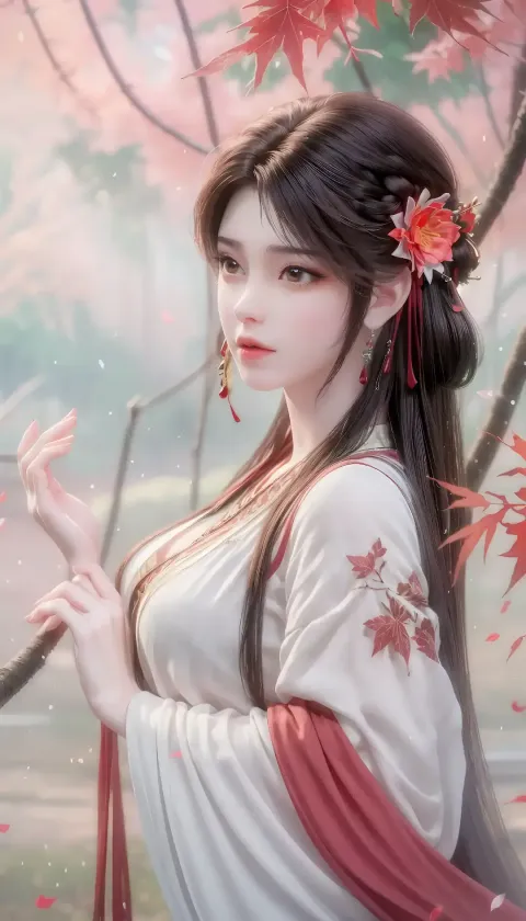 一个身穿白色连衣裙、头发上插着一朵红花的女人的特写