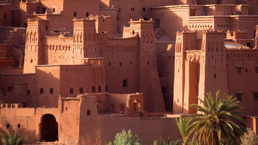 Arafed 棕色建筑，有一座塔楼和一棵棕榈树