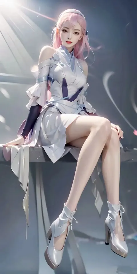 动漫女孩盘腿坐在长凳上