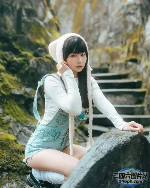 一个女人坐在瀑布附近的岩石上的特写