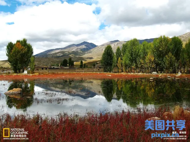有一个池塘，背景是一座山