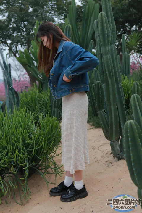 站在沙漠中仙人掌植物前的 arafed 女人