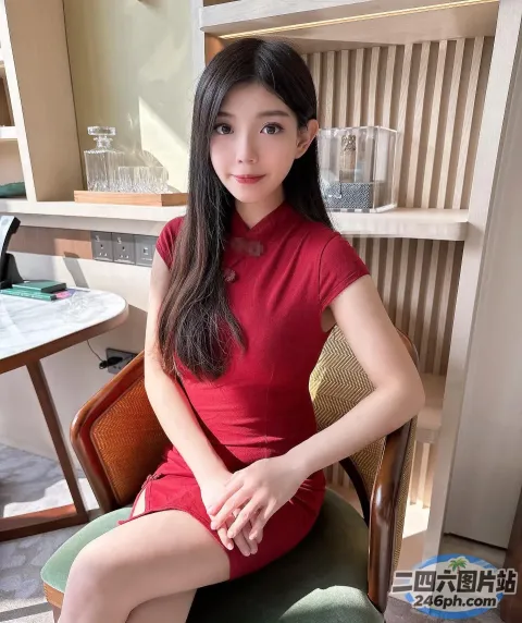 有个女人穿着红色的裙子坐在椅子上