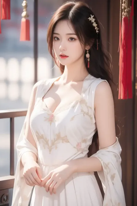 一个身穿白色连衣裙的女人站在木门旁边