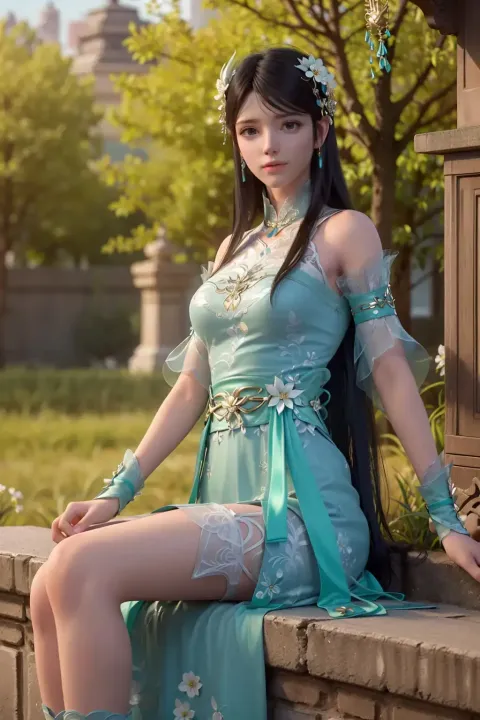 坐在石墙上的身穿蓝色连衣裙的阿拉夫女人