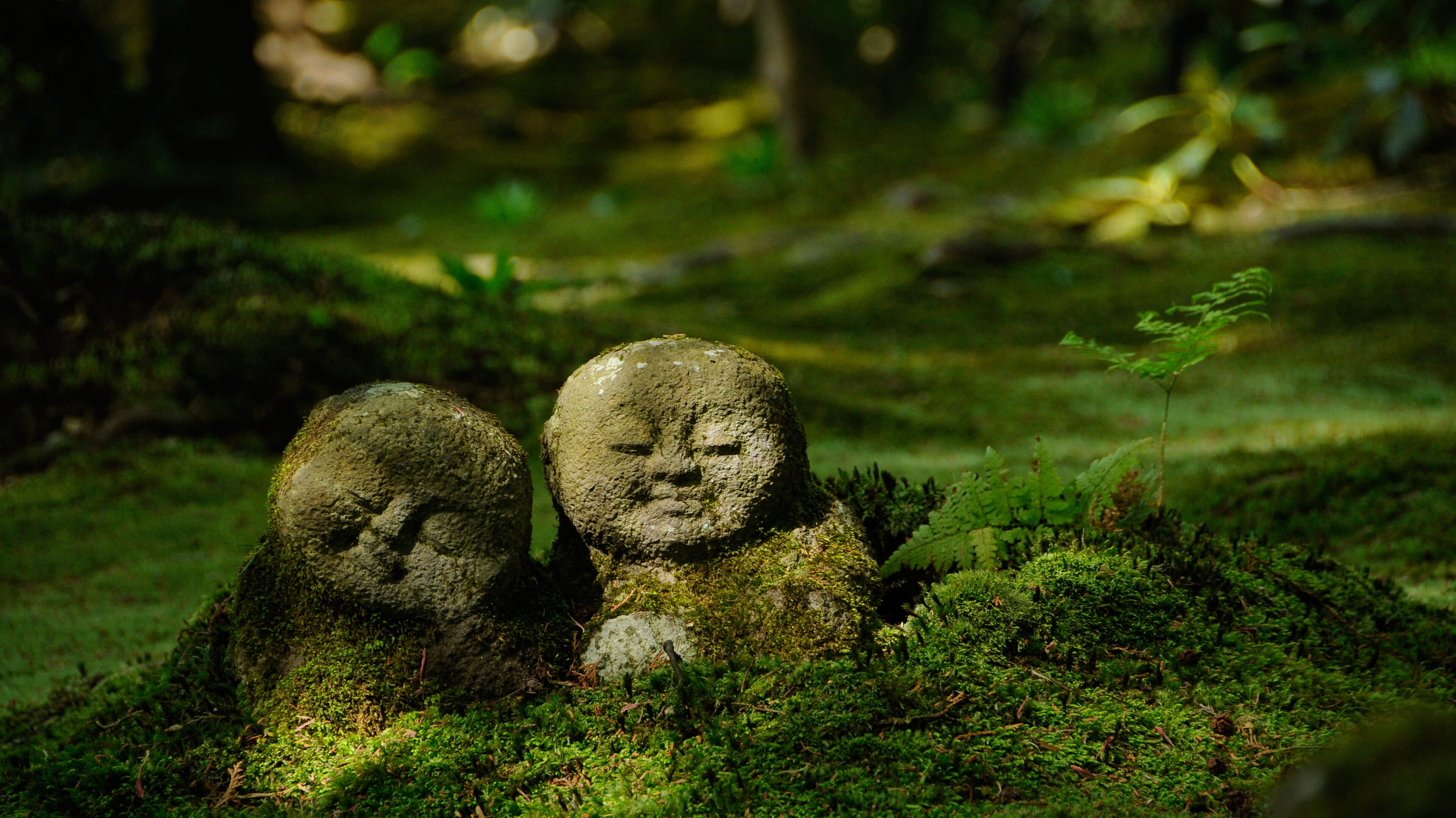有两尊人像坐在长满苔藓的地面上