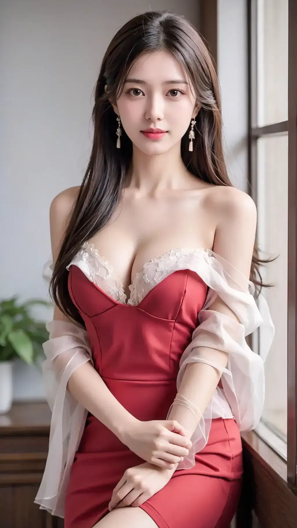 一个身穿红色连衣裙的女人摆姿势拍照的特写