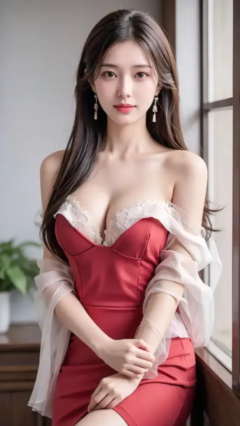 一个身穿红色连衣裙的女人摆姿势拍照的特写