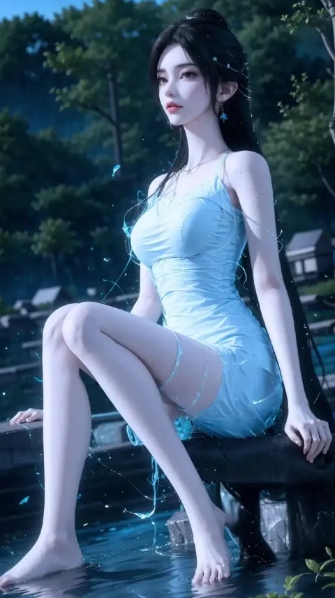 阿拉菲 身穿蓝色连衣裙的亚洲女人坐在长凳上