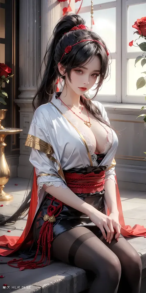 身着盛装的阿拉夫女人坐在台阶上，手里拿着玫瑰花