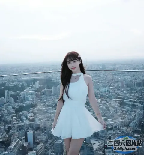 身穿白色连衣裙的阿拉夫德女人站在俯瞰城市的窗台上