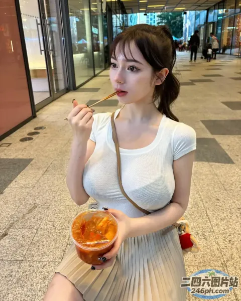 女人坐在长凳上吃着一碗汤和筷子