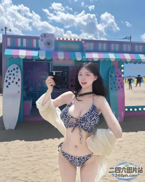 有个身穿比基尼的女人摆姿势拍照