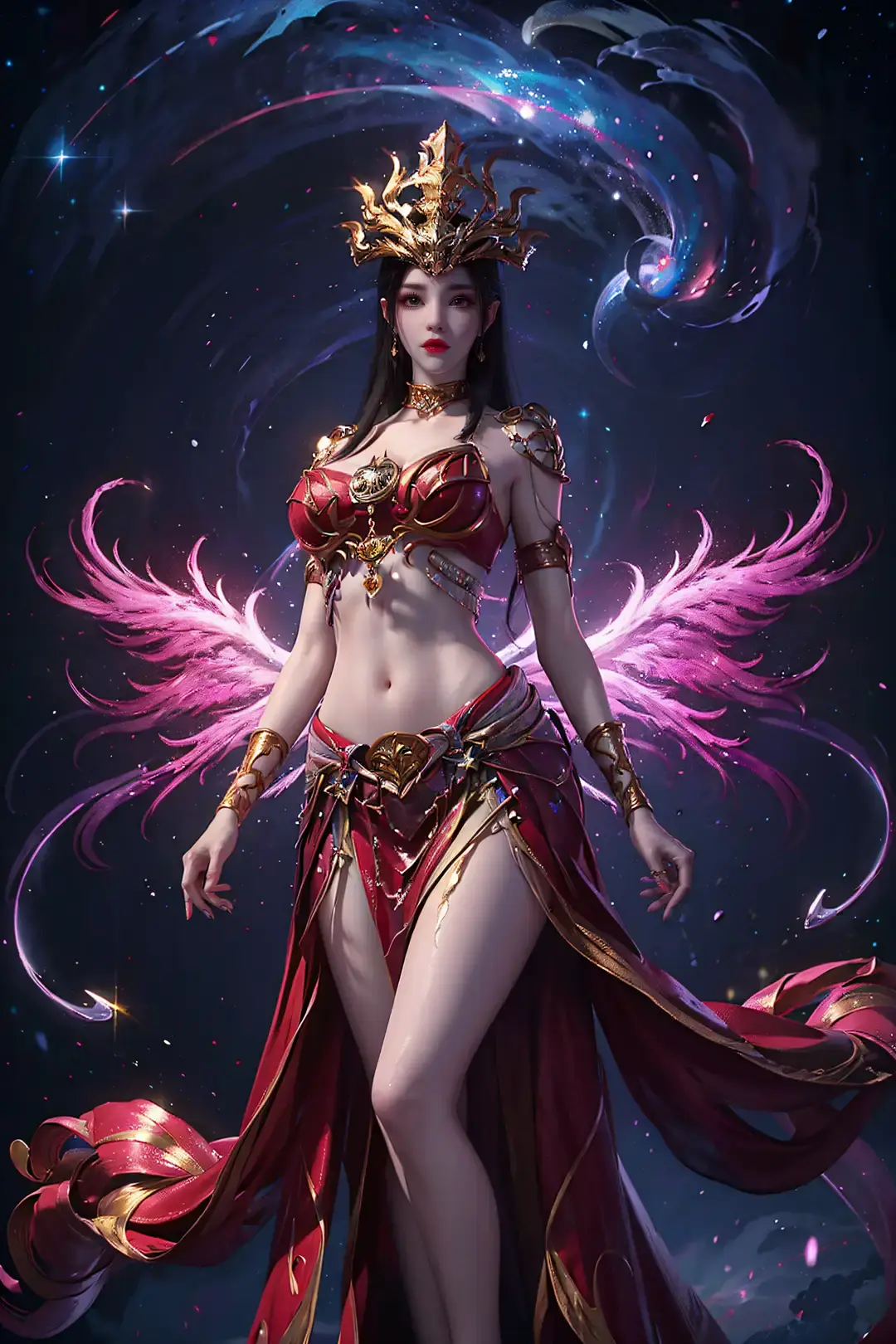 一个身穿红色连衣裙、头上戴着王冠的女人的特写