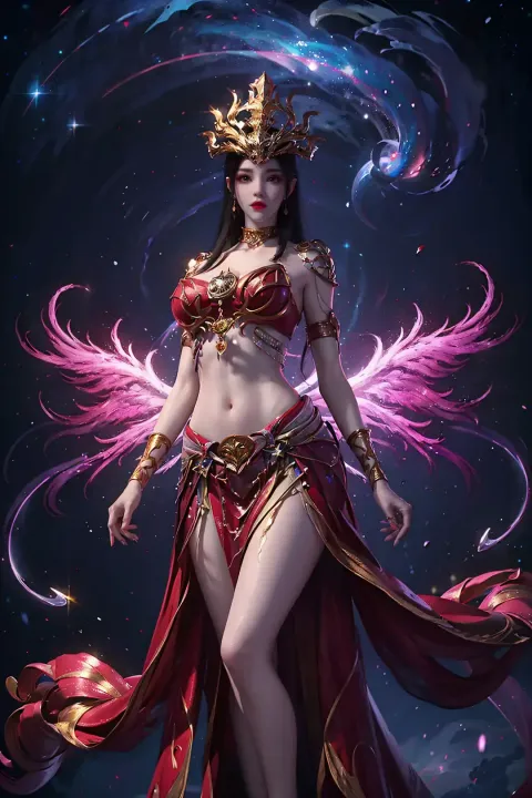 一个身穿红色连衣裙、头上戴着王冠的女人的特写