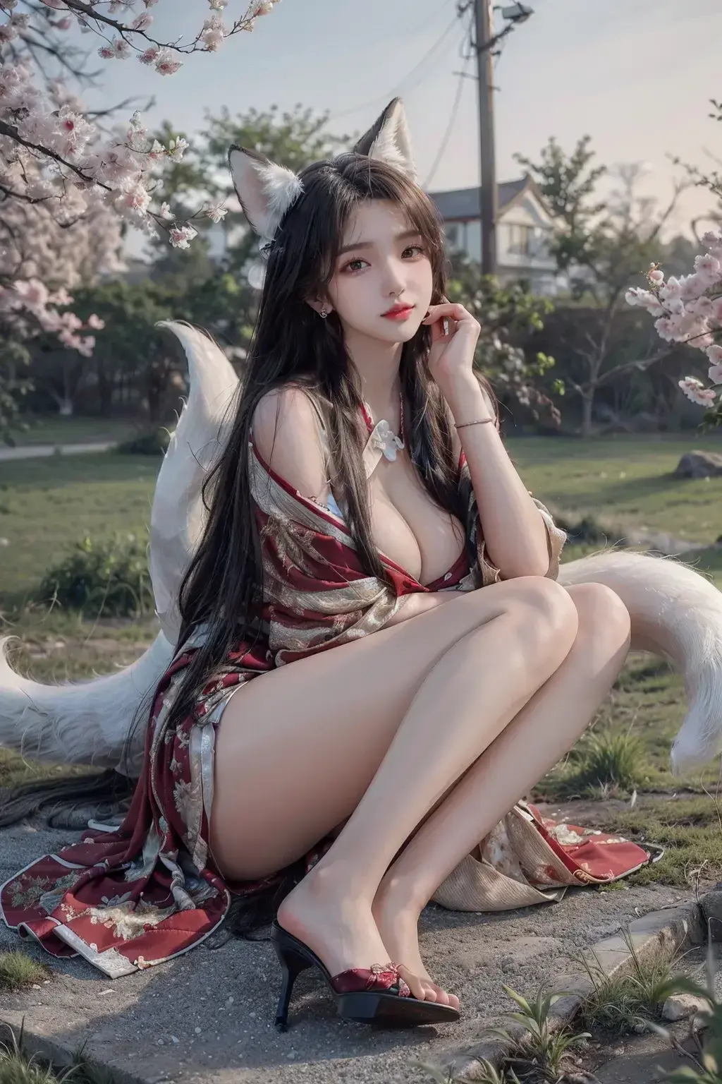 一个女人坐在石头上，带着一只猫和一只狗