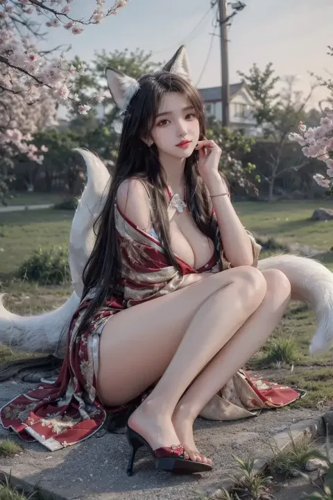 一个女人坐在石头上，带着一只猫和一只狗