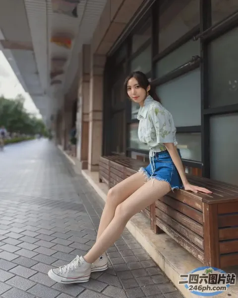有一位女士坐在一栋楼前的长凳上