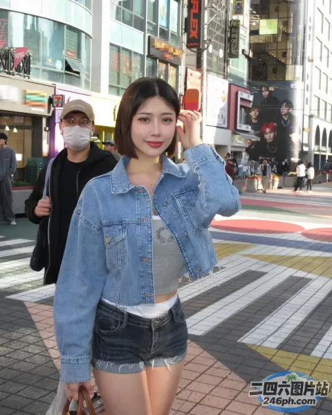 穿着牛仔夹克和短裤走在街上的女人